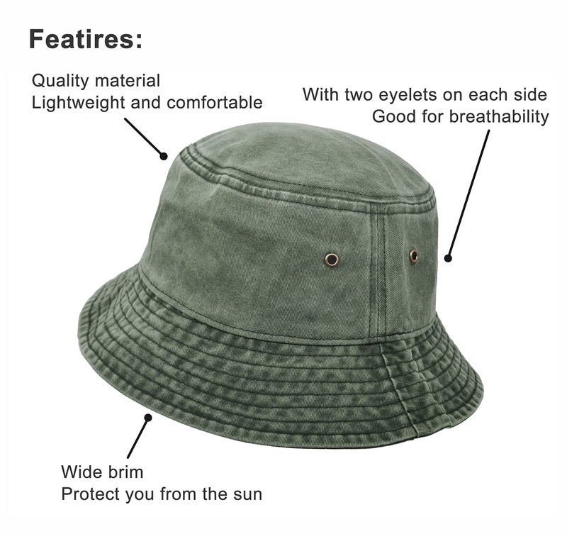 UltraKey Bucket Hat, Wide Brim Washed Denim Cotton Outdoor Sun Hat Flat Top Cap for Fishing Hiking Beach Sports Army Green - Image 3